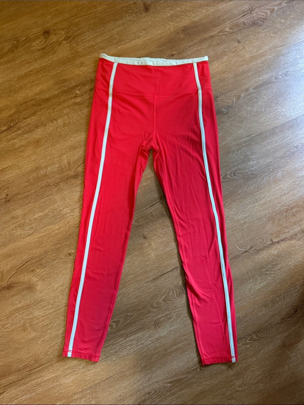 Athleta Red Leggings with cream Side Stripes and Waistband Trim